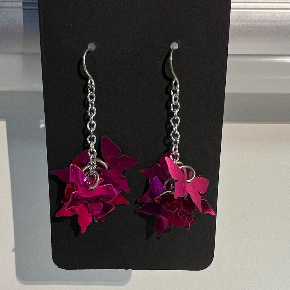 Silver chain and fuschia butterfly dangles